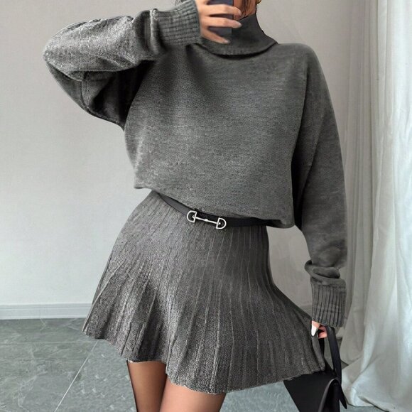 Grey Casual Women's Solid Color Loose Pleated Skirt And Turtleneck Sweater Suit - Picture 1 of 5